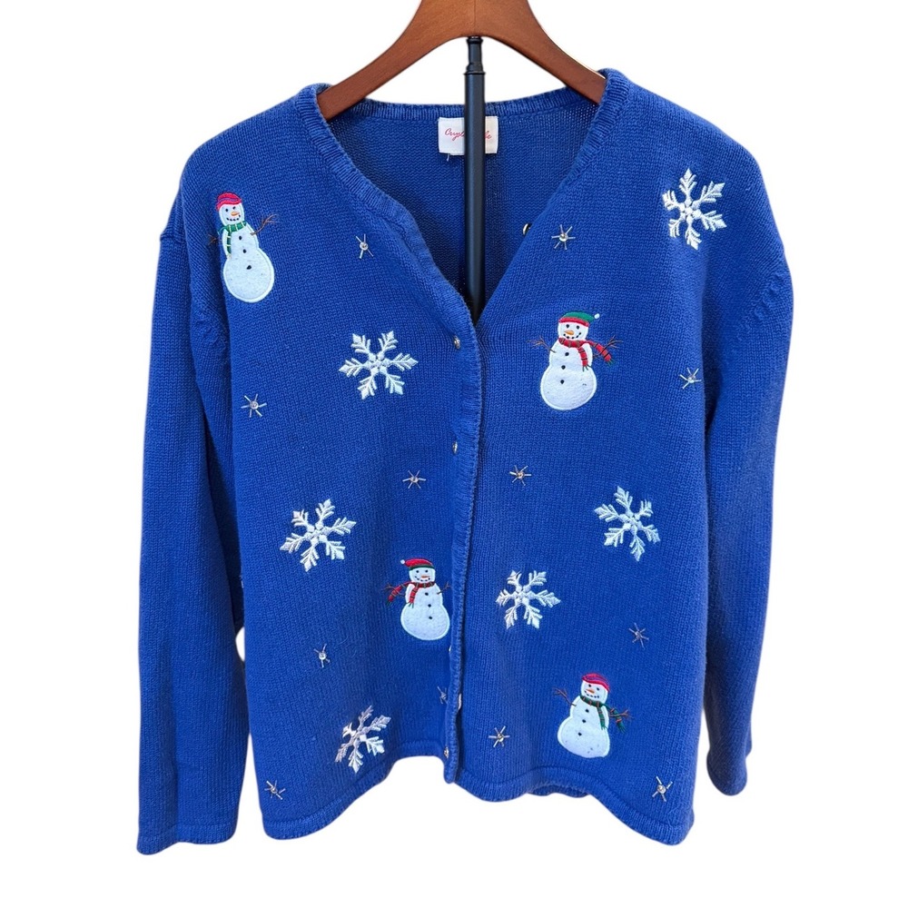 Crystal Kobe Blue Snowman Snowflake Embroidered Cardigan Sweater Holiday READ XL